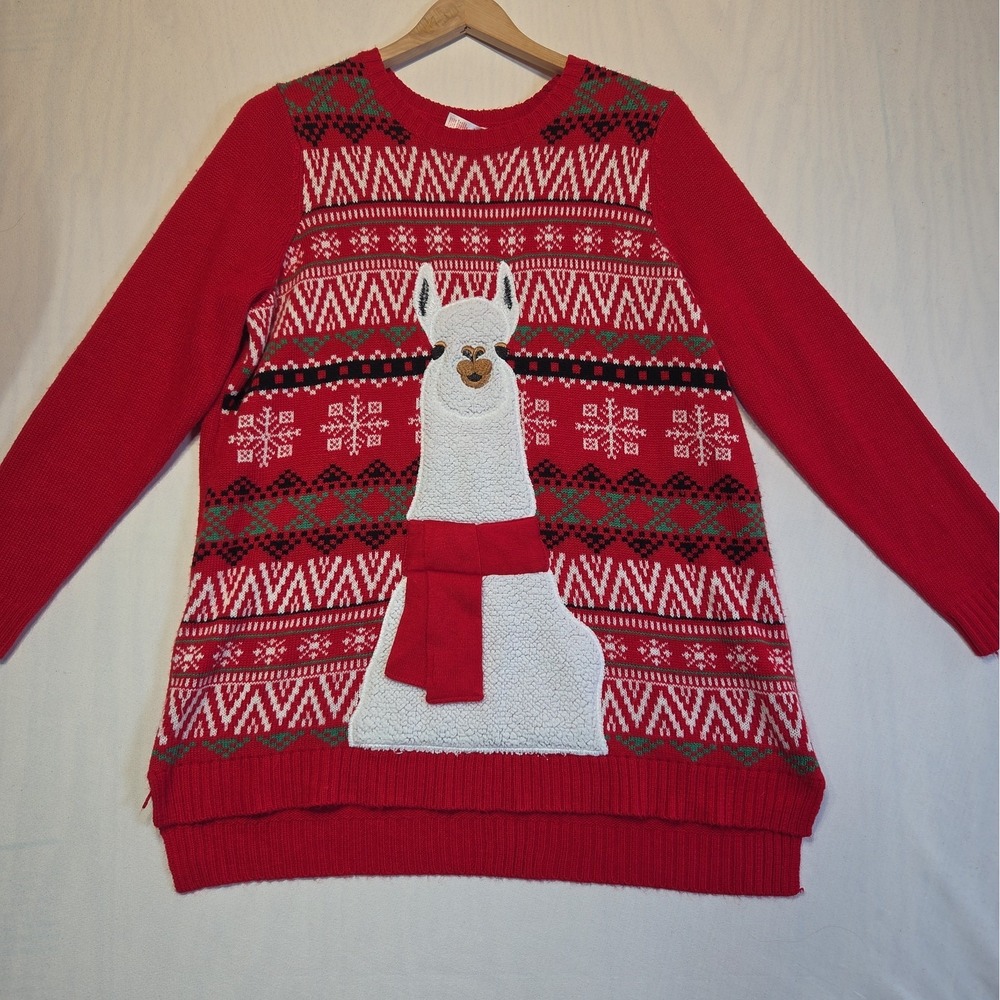 Holiday Time 1X 16W Christmas Sweater Llama Alpaca 3D Scarf Fair Isle Tunic
